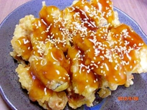 茄子の肉巻天ぷら　甘酢あんかけ